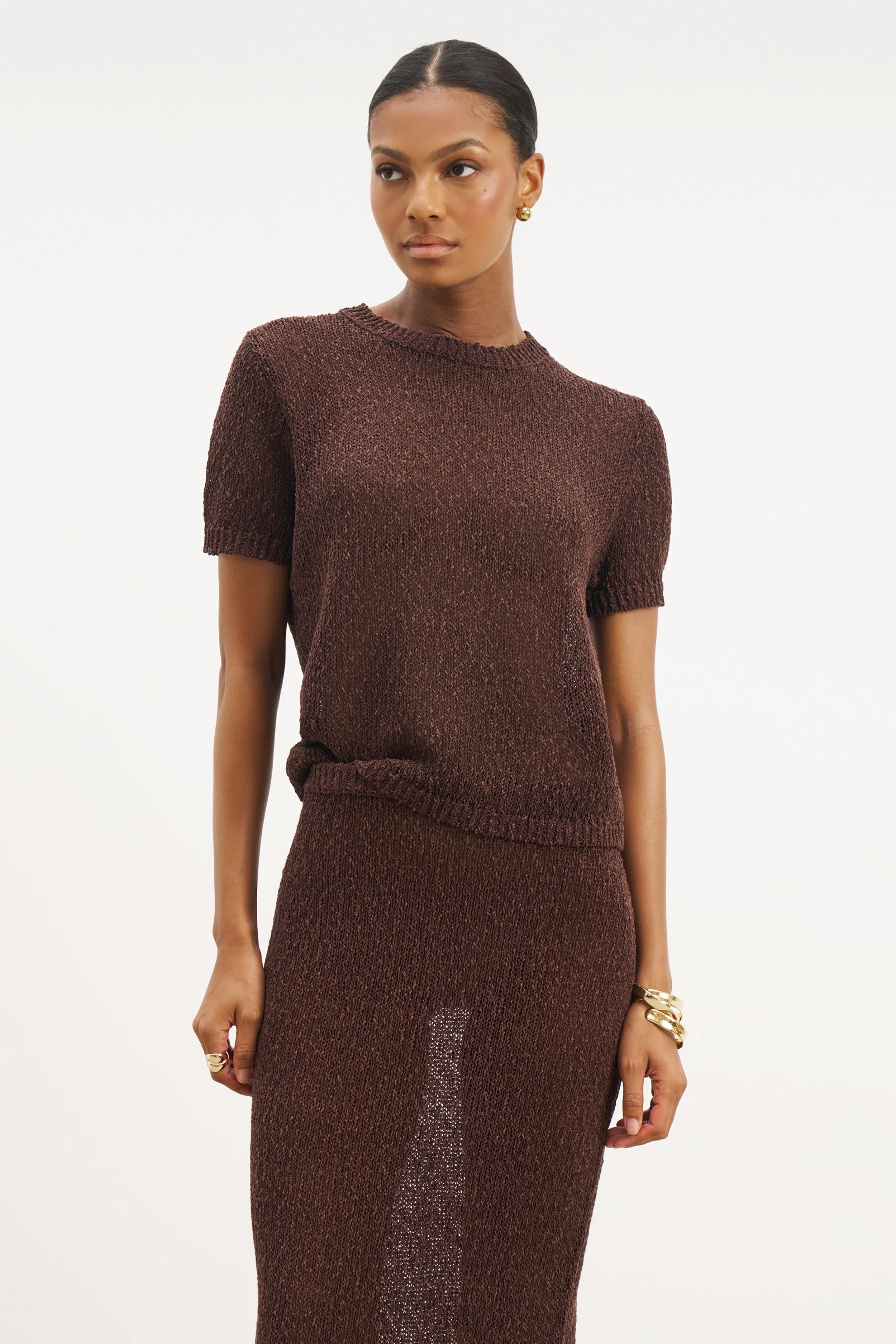 Denim Shirt Crochet Knit Relaxed T Shirt - Carob
