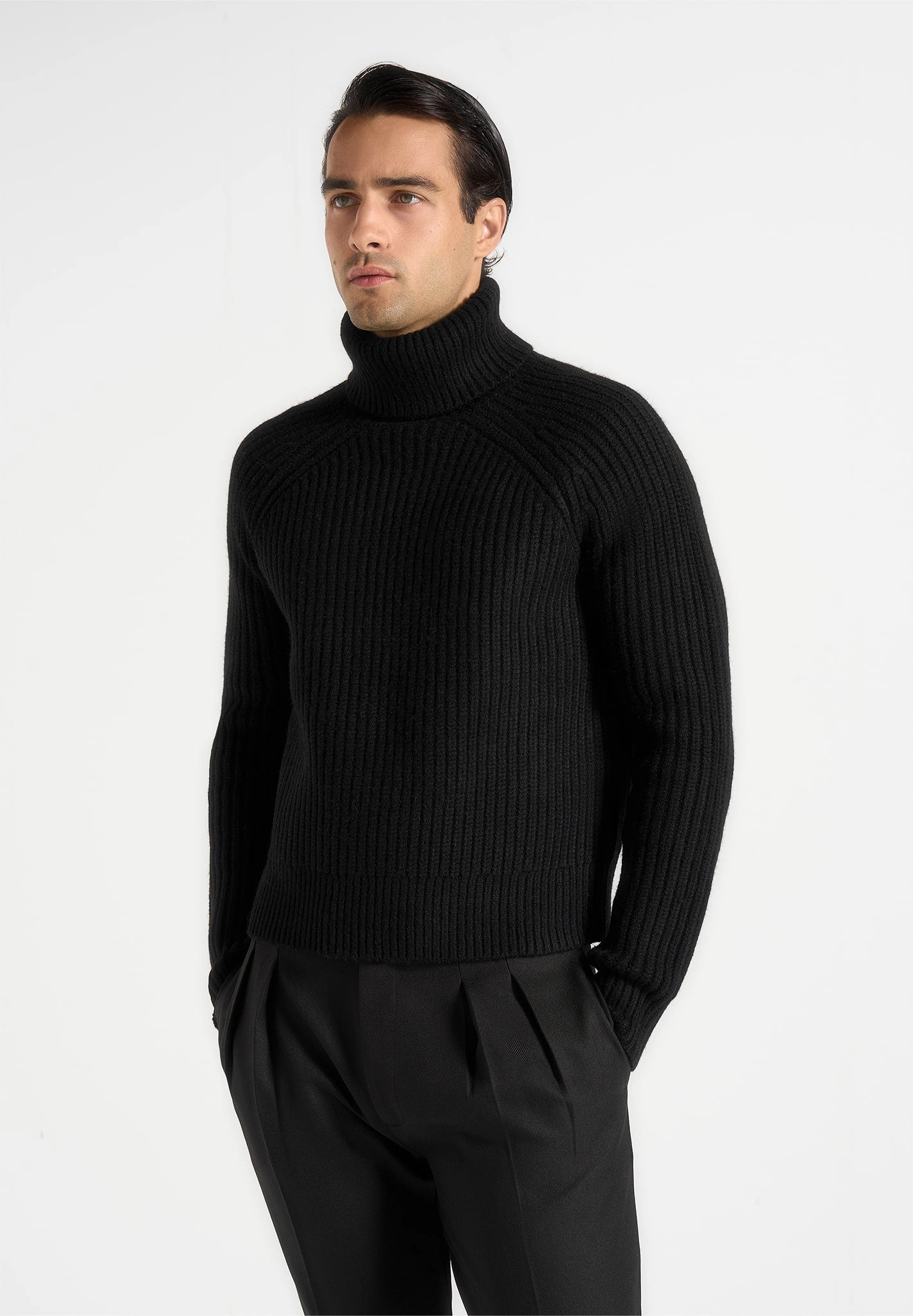 Lightweight Open Weave Stretchable Cuffs Rudy - Roll Neck Chunky Knit Jumper - Black