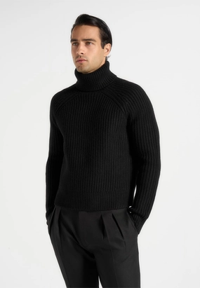 Lightweight Open Weave Stretchable Cuffs Rudy - Roll Neck Chunky Knit Jumper - Black