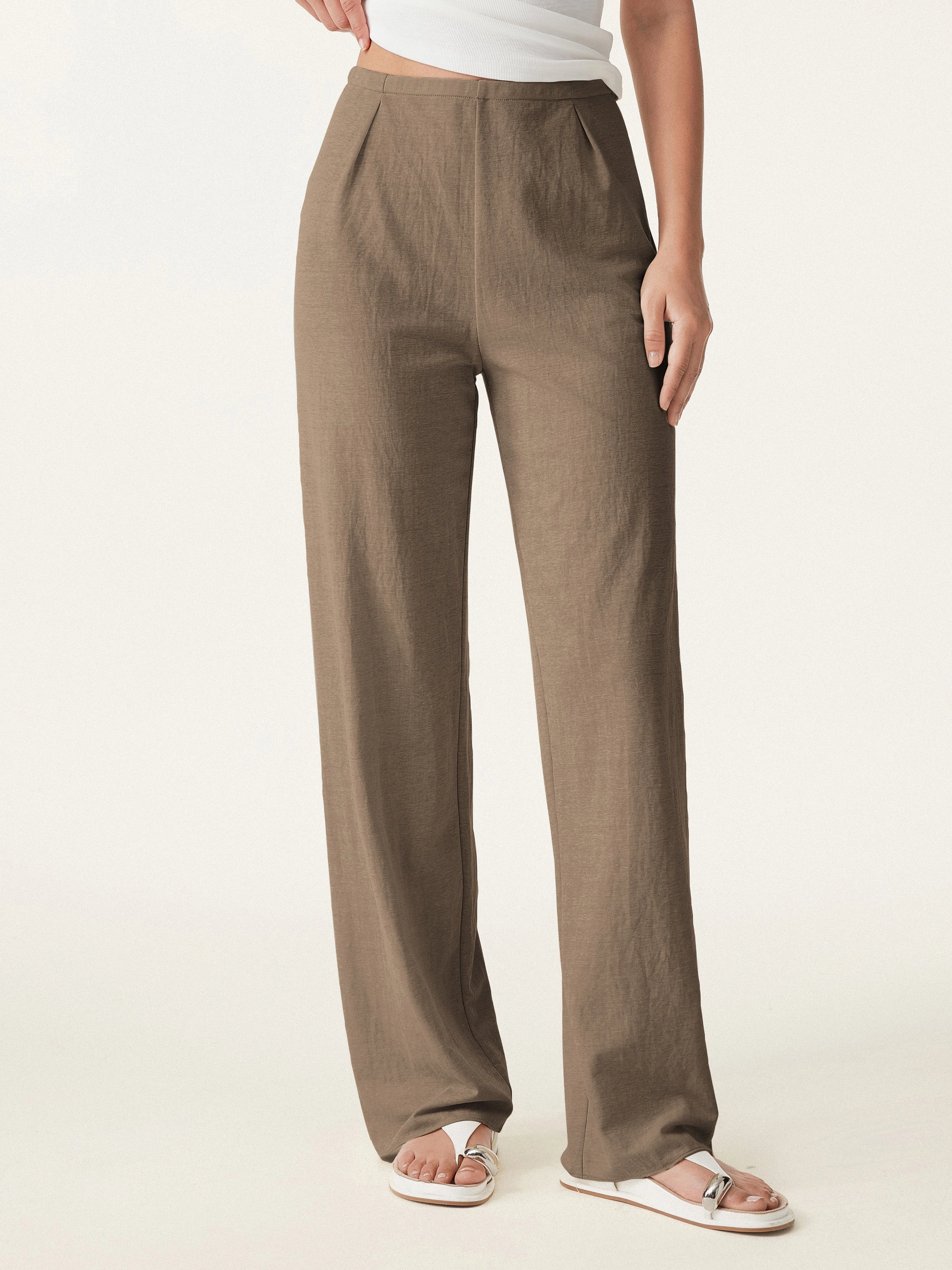 Tight Waist Wrinkle-resistant Cotton-linen Mid Rise Straight Leg Pant