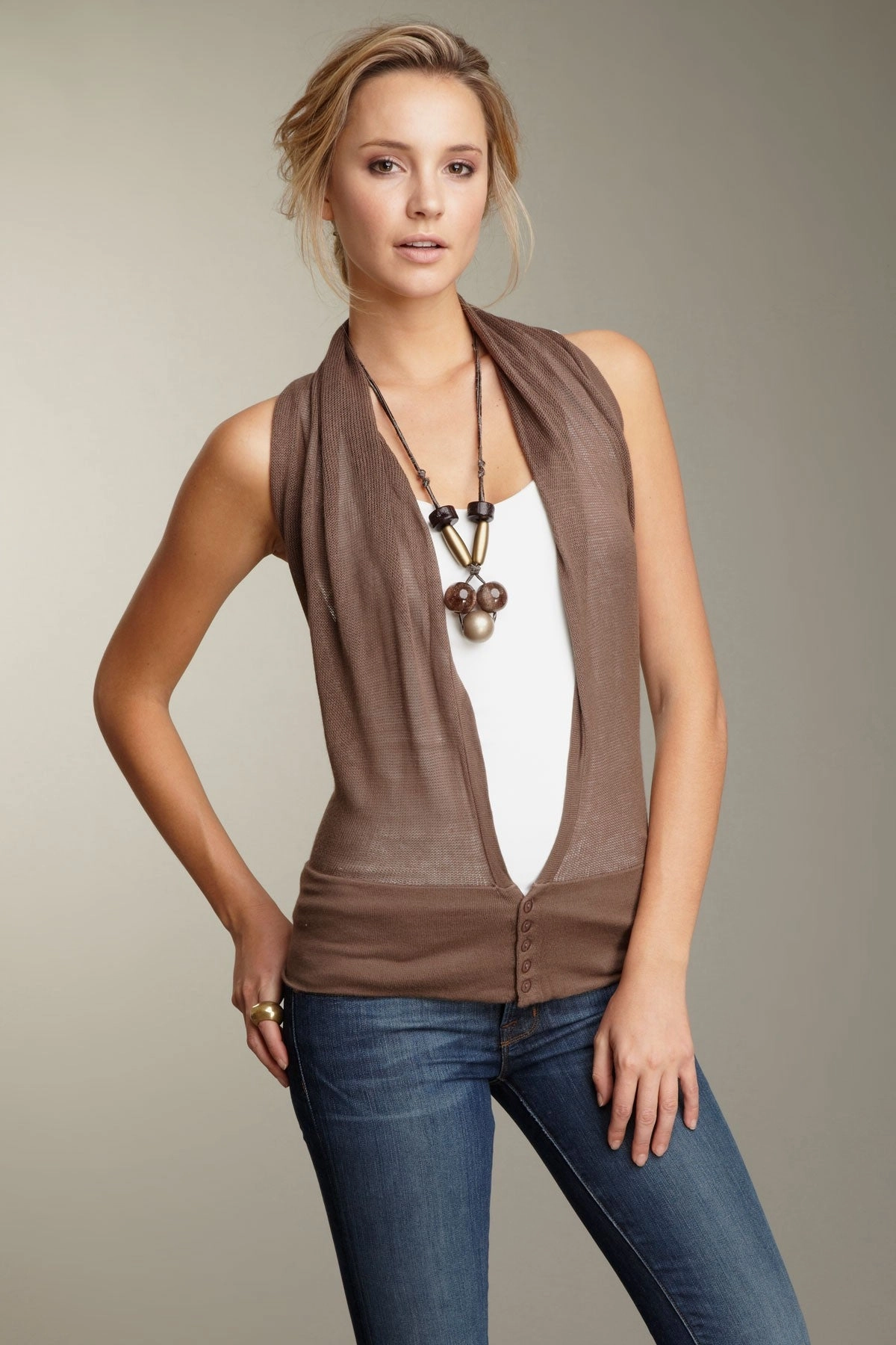 Durable Chainstitch Ultra Soft Knit Wrap Top - Putty