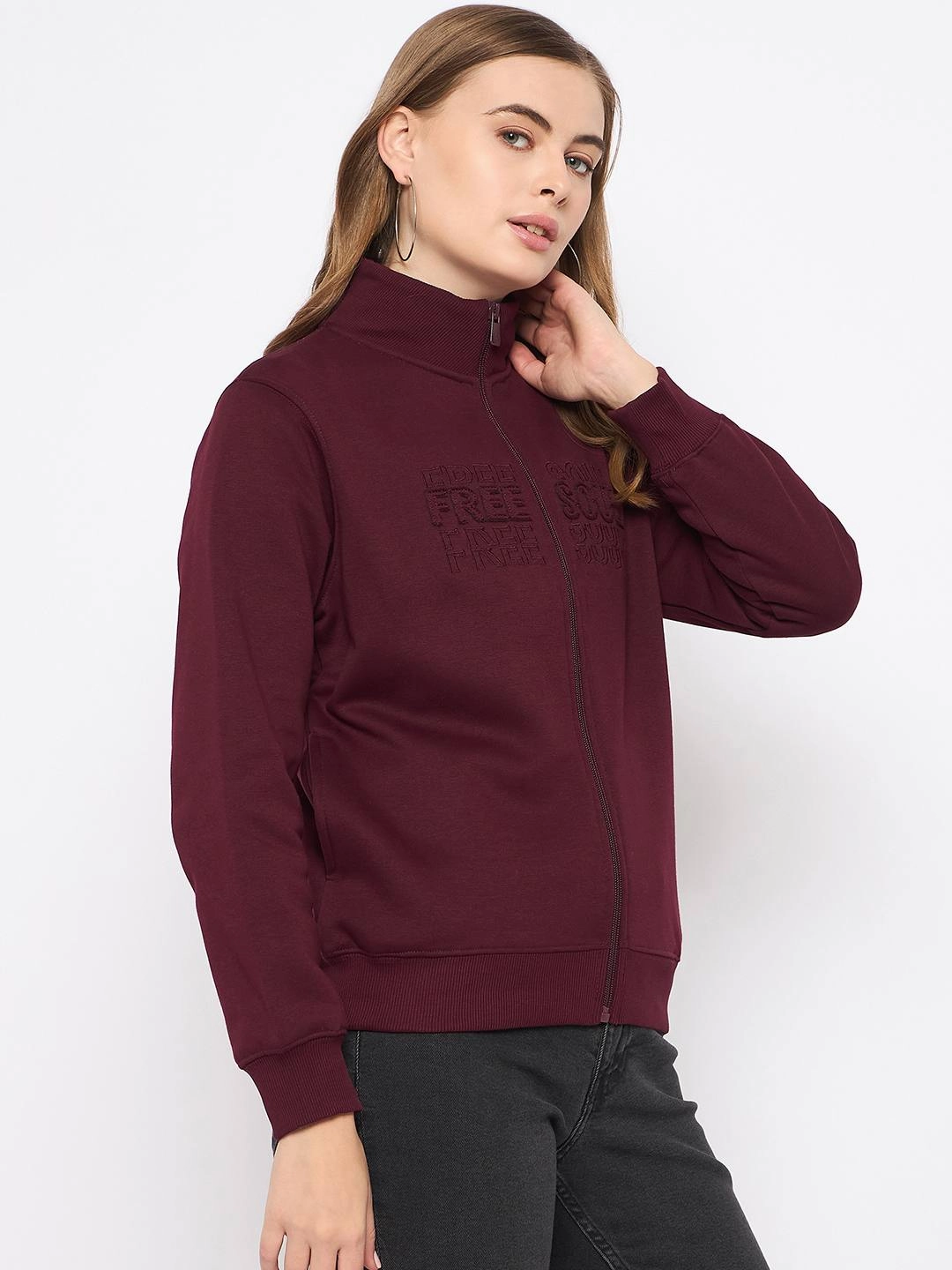 Madame Embroidery Detailied Wine Fleece Sweatshirt Home friendly