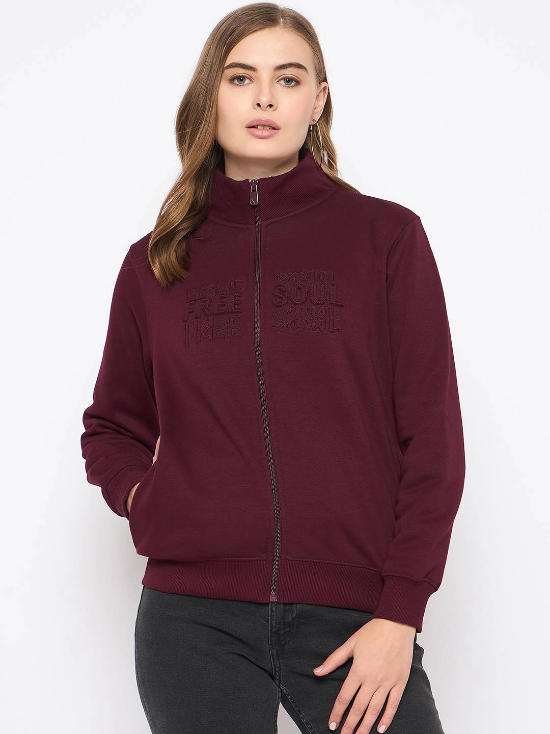 Lightweight Hoodie Madame Embroidery Detailied Wine Fleece Sweatshirt
