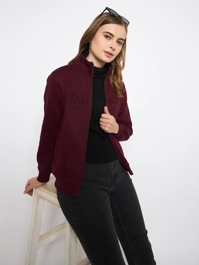 Comfy Layering Casual Layers Madame Embroidery Detailied Wine Fleece Sweatshirt