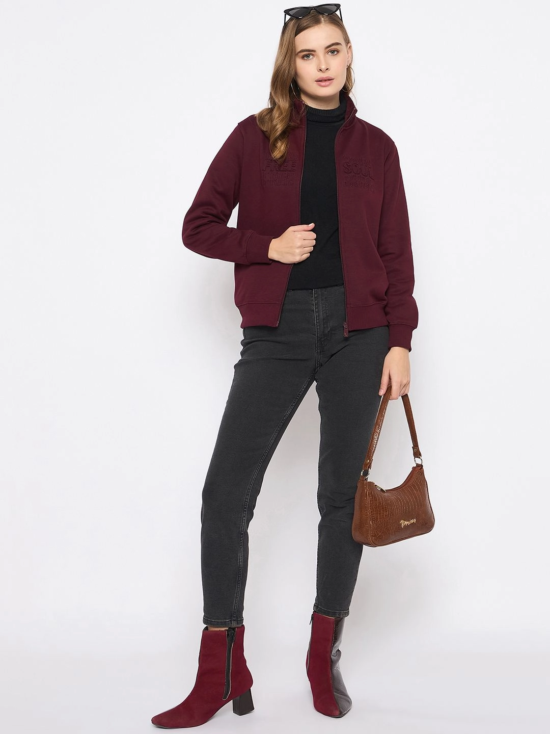 Home Comfort Active Design Madame Embroidery Detailied Wine Fleece Sweatshirt