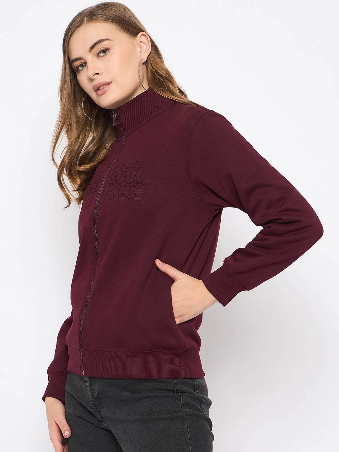 Madame Embroidery Detailied Wine Fleece Sweatshirt Bold Graphics formal party