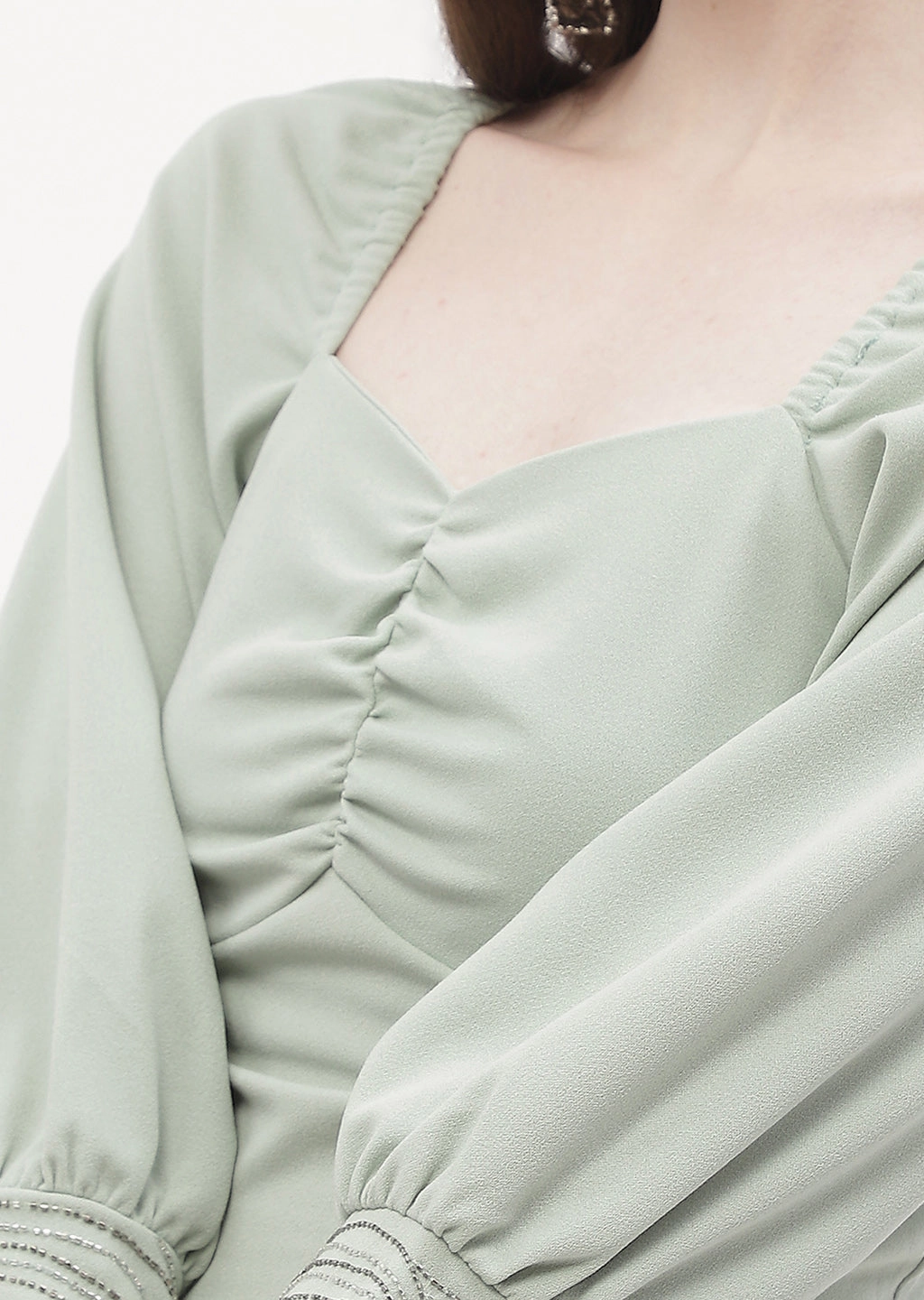 OrganicCottonBlend FlexibleRibbedTrims Madame Sweetheart Neck Sage Green Embellished Cuffs Top