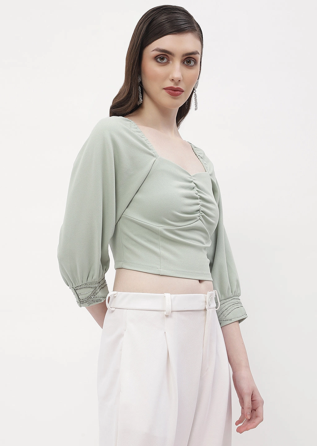 Softened Edges Madame Sweetheart Neck Sage Green Embellished Cuffs Top