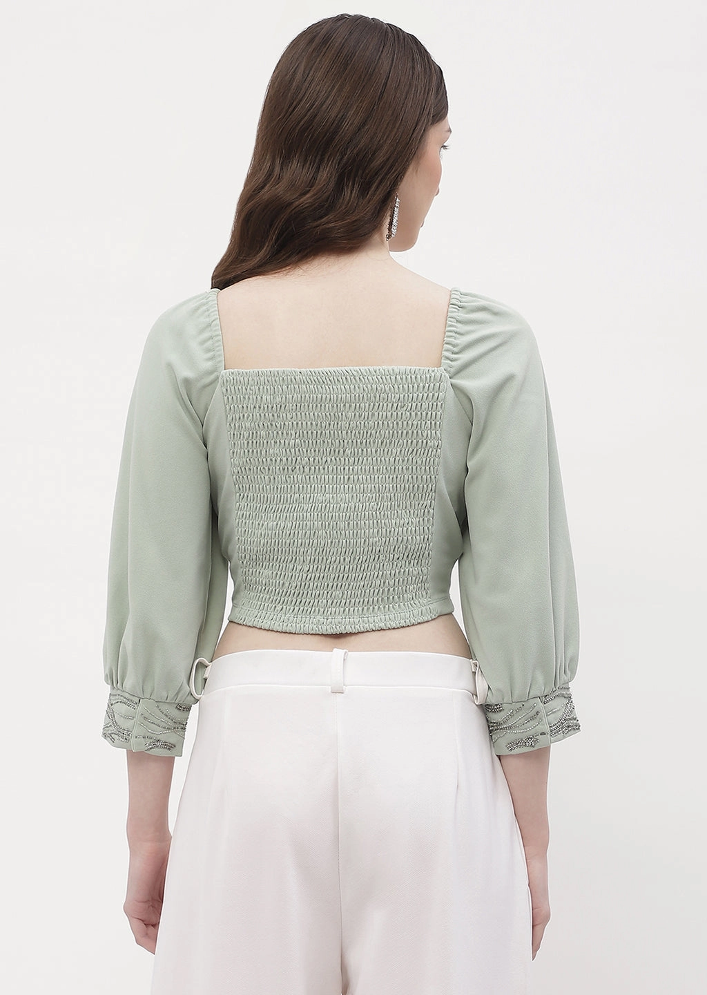Madame Sweetheart Neck Sage Green Embellished Cuffs Top QuickDry TumbleDryFriendlyMaterial