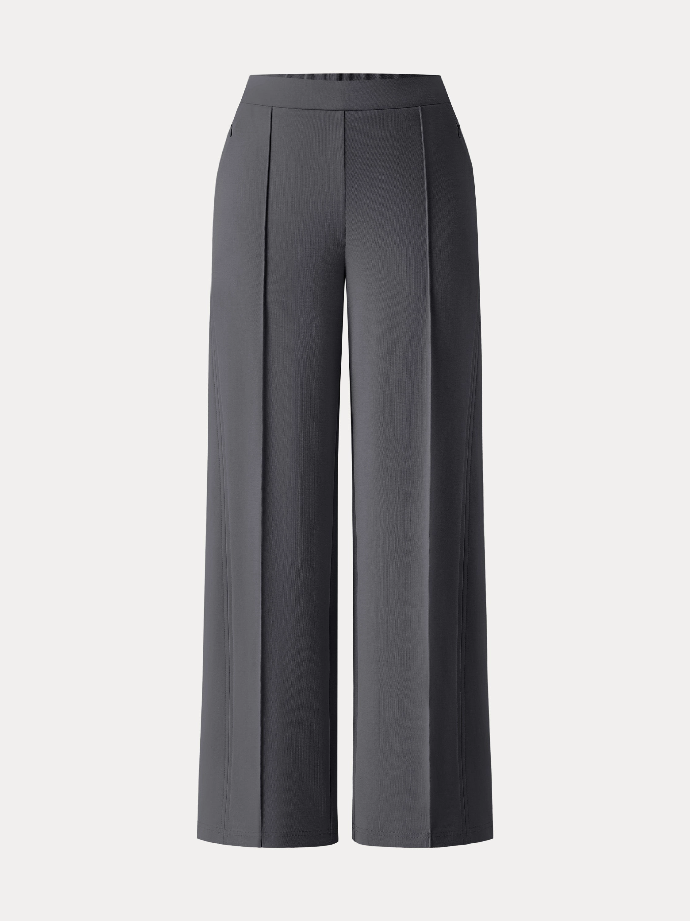 Soft Touch Material Wrinkle-Resistant Mid Rise Wide Leg Pants with Pockets