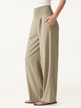 Durable Utility Reinforced Pockets Wrinkle-resistant Tencel-linen Mid Rise Smocked Wide Leg Pant with Pockets