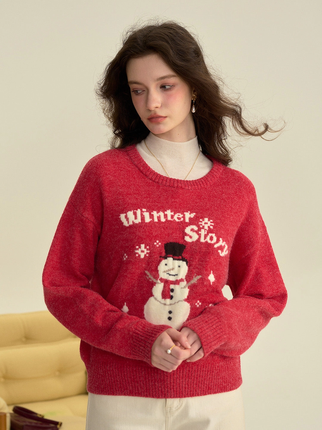 Hooded Knit Variation ??Final Sale??Natalie Round Neck Snowman Wool Sweater