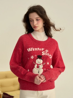 Hooded Knit Variation ??Final Sale??Natalie Round Neck Snowman Wool Sweater