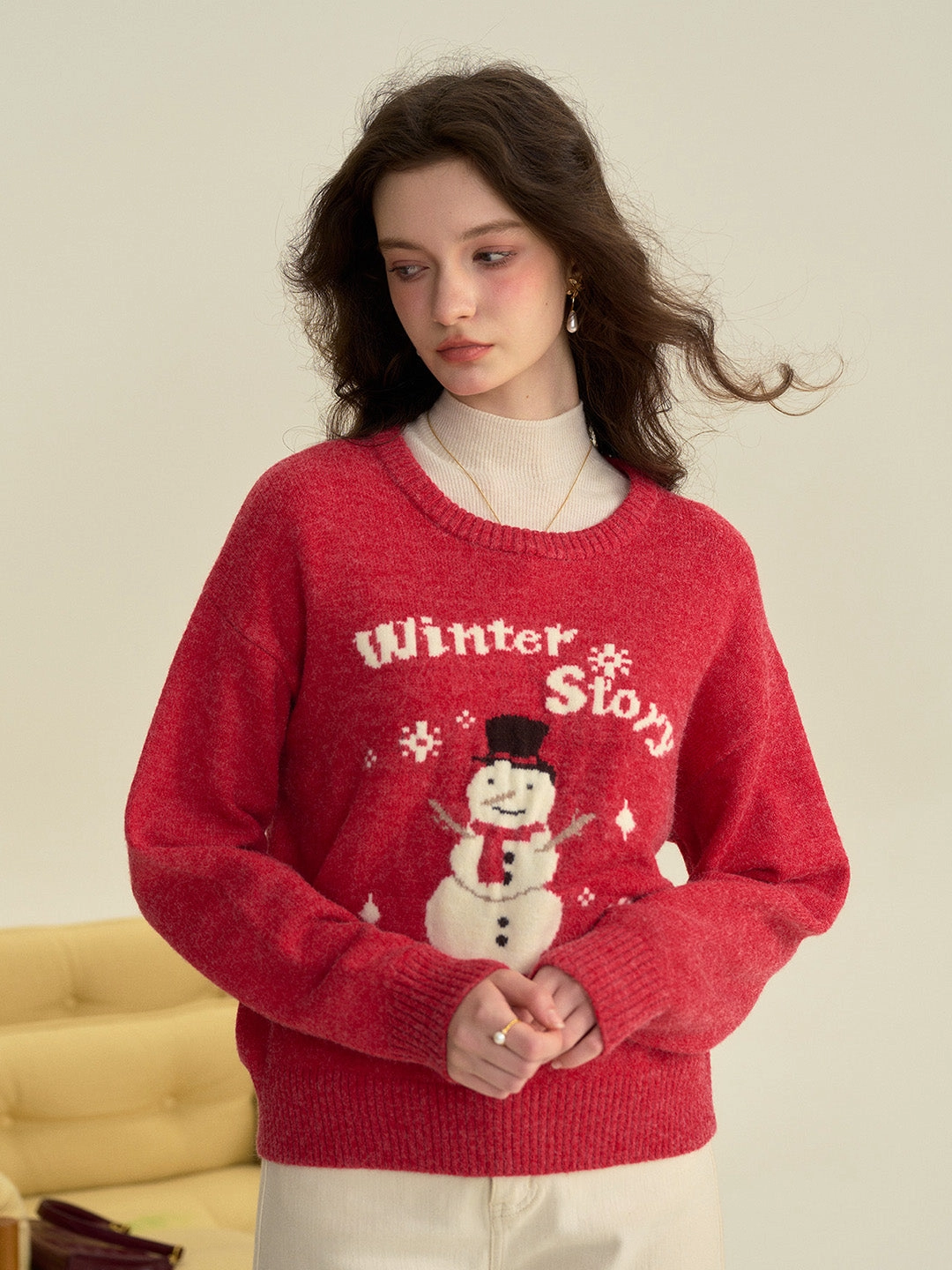 Office Casual ??Final Sale??Natalie Round Neck Snowman Wool Sweater