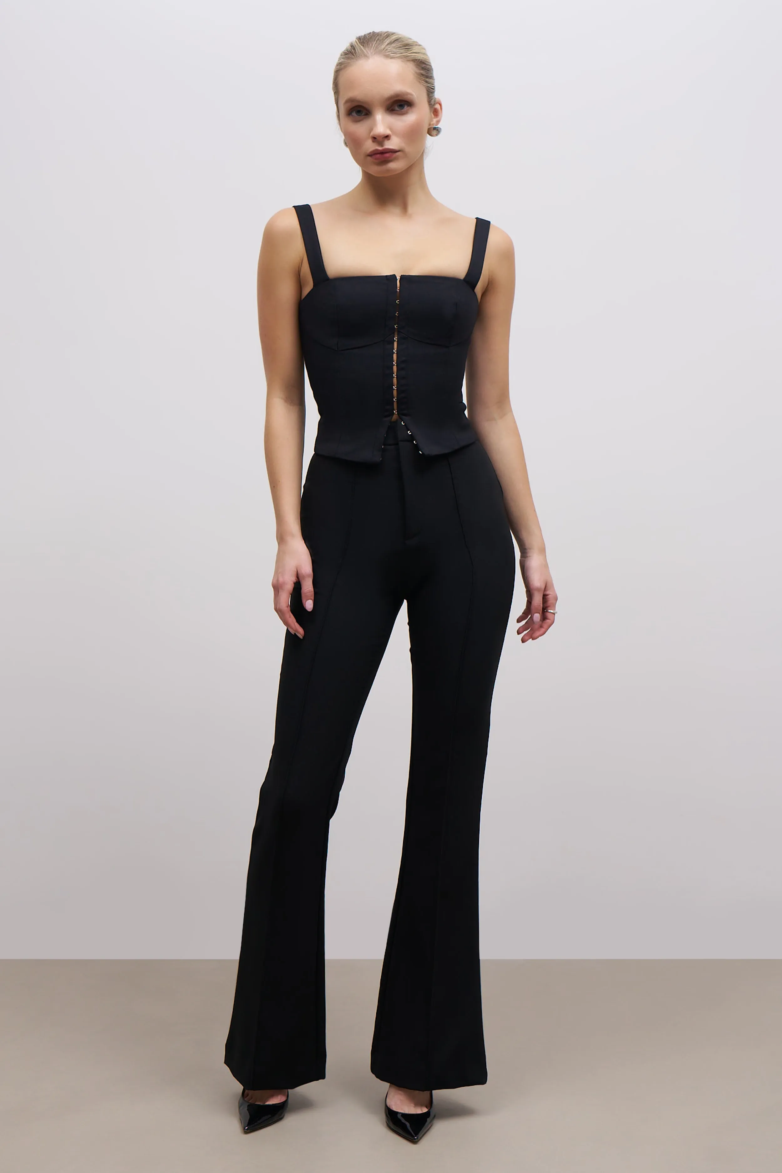 Square Neck Hook & Eye Corset - Black Simple Pullover FlexibleWaistband