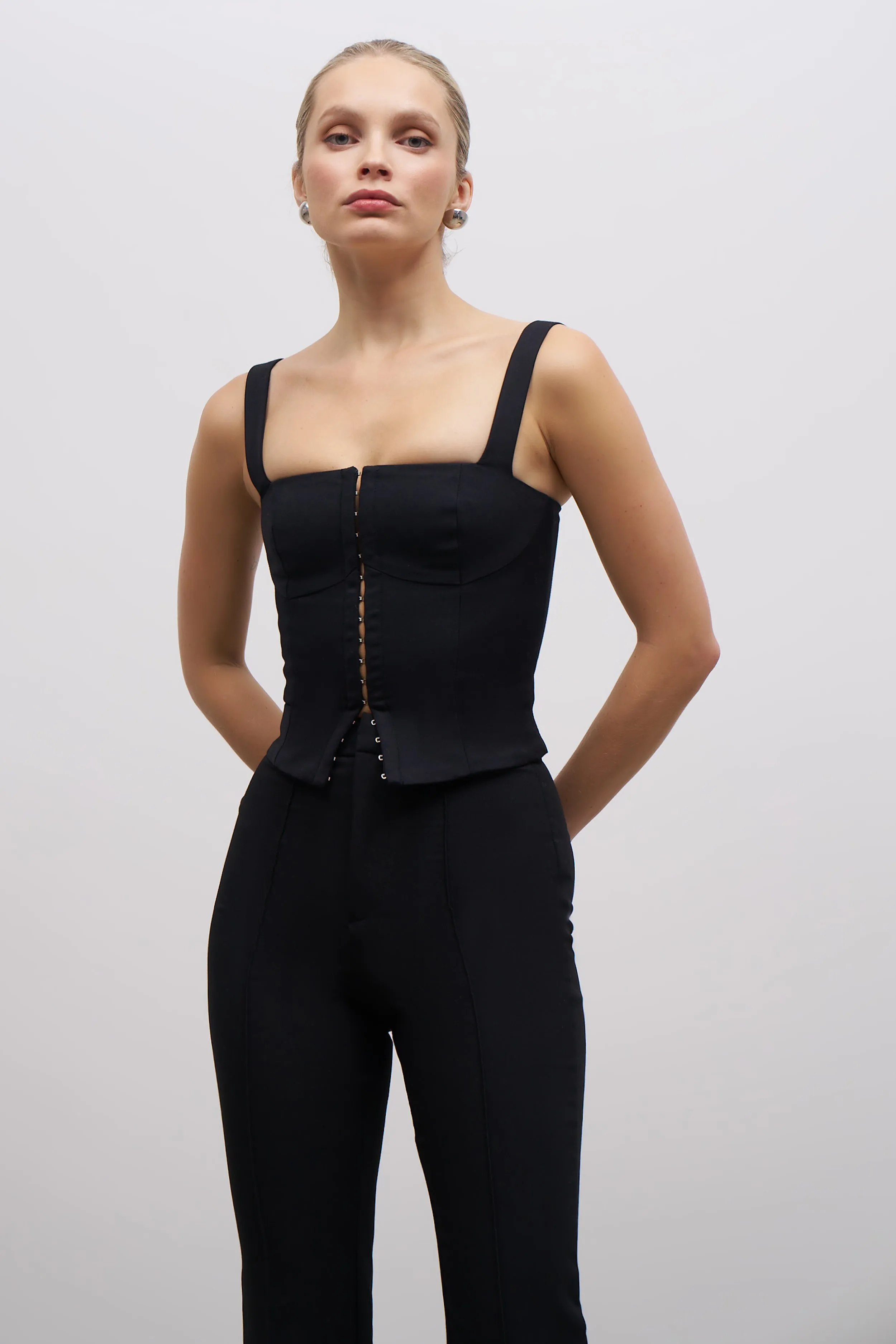 Durable Color Retention Square Neck Hook & Eye Corset - Black