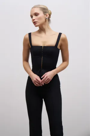 Square Neck Hook & Eye Corset - Black SoftLining Grid Texture Fabric
