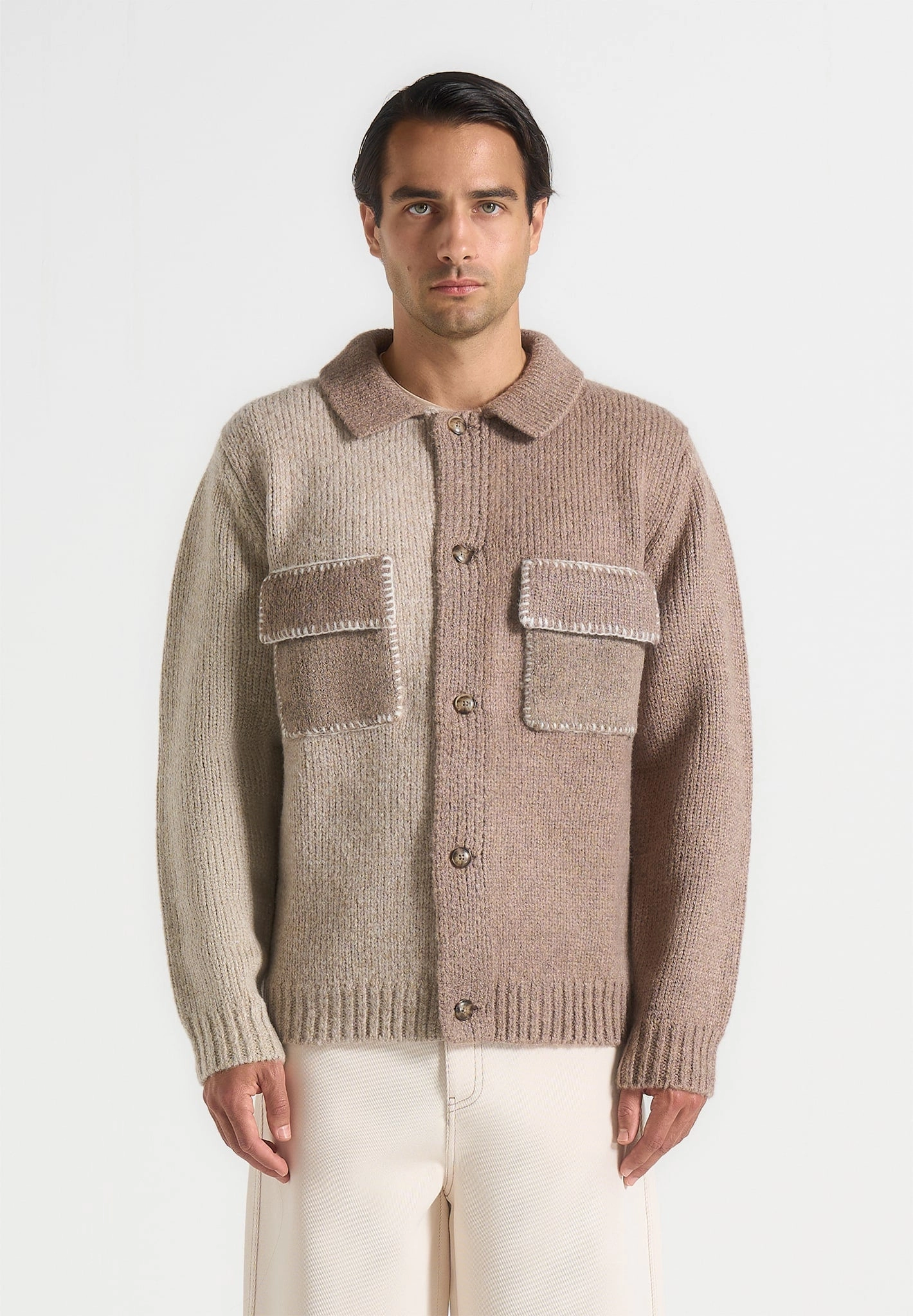 Recycled Polyester Thread Breathable Texture Jean - Mohair-Blend Colour Block Cardigan - Beige/Taupe