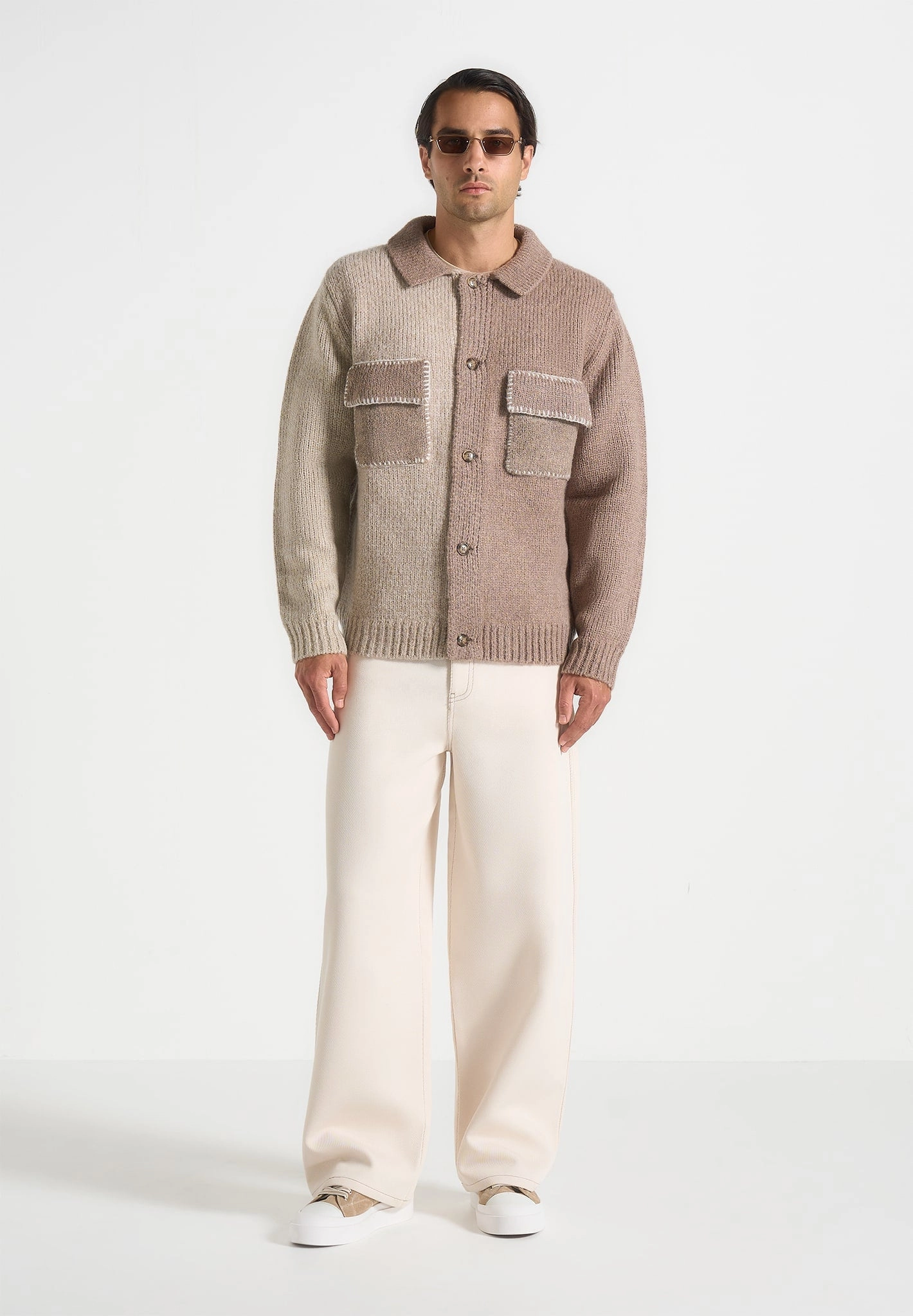 Jean - Mohair-Blend Colour Block Cardigan - Beige/Taupe Daily Layer Compact Weave