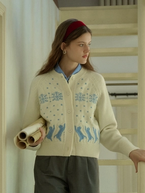 FadeResistant Color Aleena Fair Isle Classic Crew Neck Cat Snowflake Contrast Cardigan