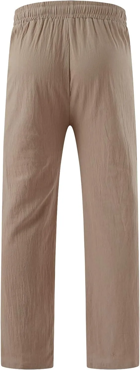 XUETON Mens Linen Pants Elastic Waist Drawstring Casual Summer Pants Cotton Comfy Loose Fit Lightweight Yoga Beach Pant