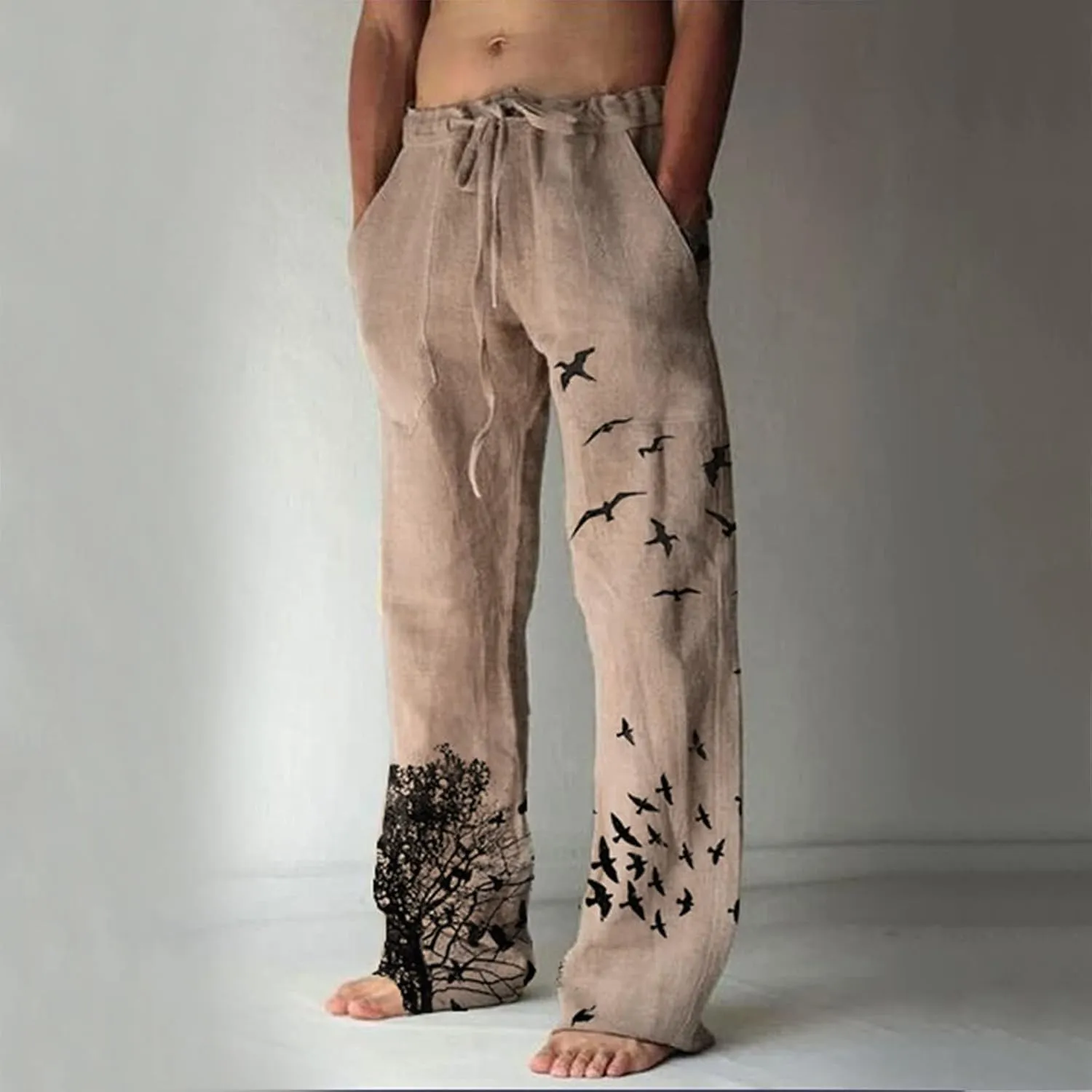 XUETON Mens Linen Pants Elastic Waist Drawstring Casual Summer Pants Cotton Comfy Loose Fit Lightweight Yoga Beach Pant