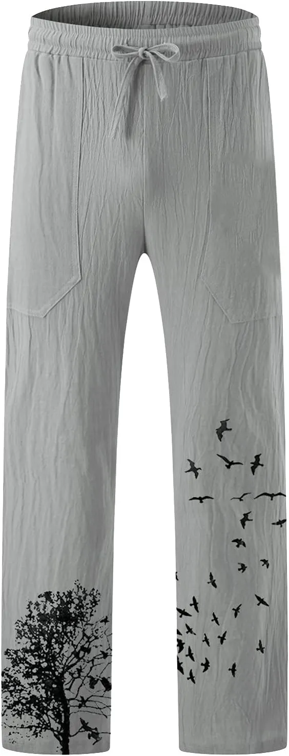 XUETON Mens Linen Pants Elastic Waist Drawstring Casual Summer Pants Cotton Comfy Loose Fit Lightweight Yoga Beach Pant