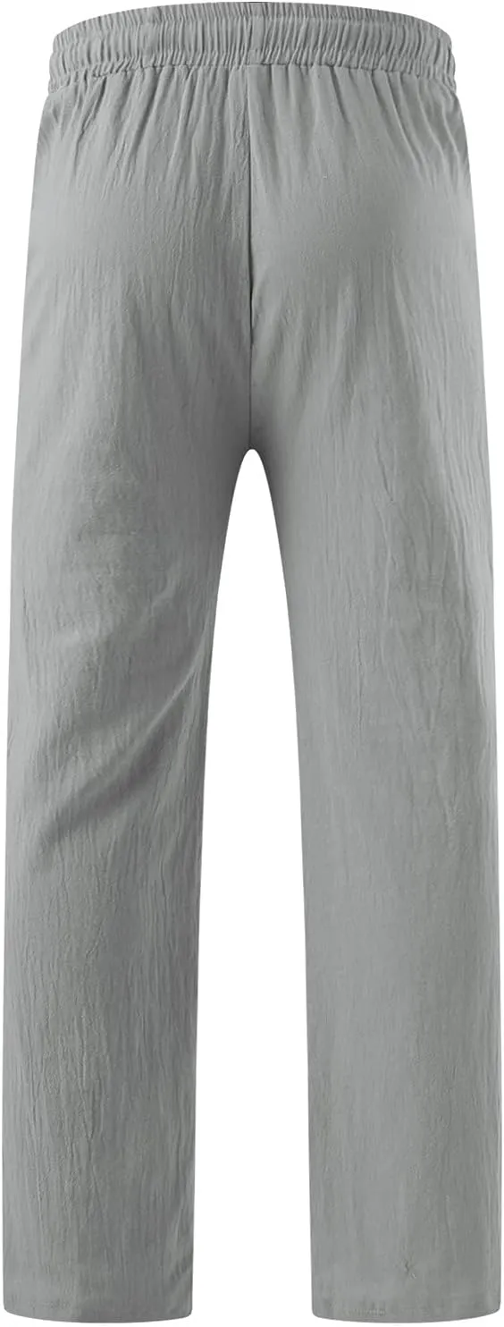 XUETON Mens Linen Pants Elastic Waist Drawstring Casual Summer Pants Cotton Comfy Loose Fit Lightweight Yoga Beach Pant