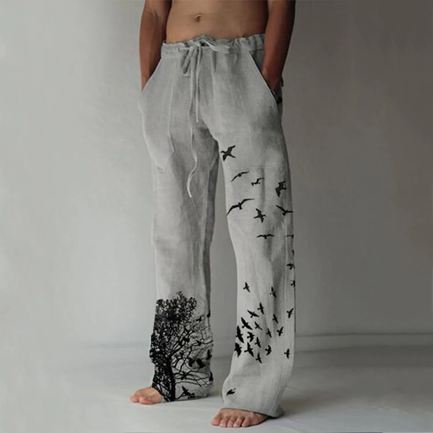 XUETON Mens Linen Pants Elastic Waist Drawstring Casual Summer Pants Cotton Comfy Loose Fit Lightweight Yoga Beach Pant