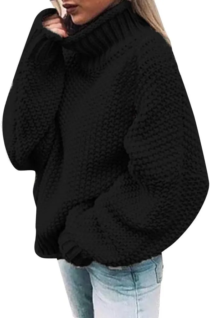 XUETON Womens Oversized Turtleneck Sweater Batwing Long Sleeve Casual Lightweight Loose Chunky Knit Pullover Knit Jumper Tops(Black,X-Large)