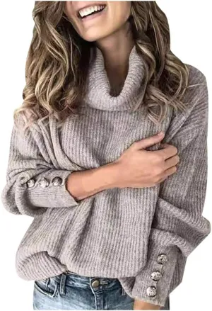 XUETON Womens Oversized Turtleneck Sweaters Long Sleeve Casual Lightweight Loose Button Chunky Knit Pullover Knit Jumper Tops(Grey,X-Large)