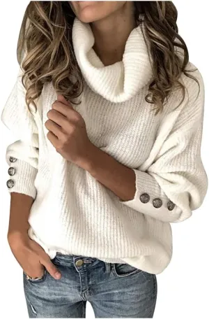 XUETON Womens Oversized Turtleneck Sweaters Long Sleeve Casual Lightweight Loose Button Chunky Knit Pullover Knit Jumper Tops(White,XX-Large)