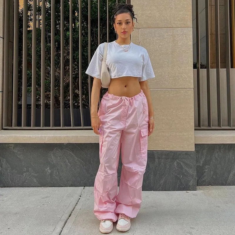 Y2K Clothing Oversized Drawstring Low Waist Parachute Loose Fit Sweatpants Trousers Women Jogger Cargo Pants Streetwear Outfits