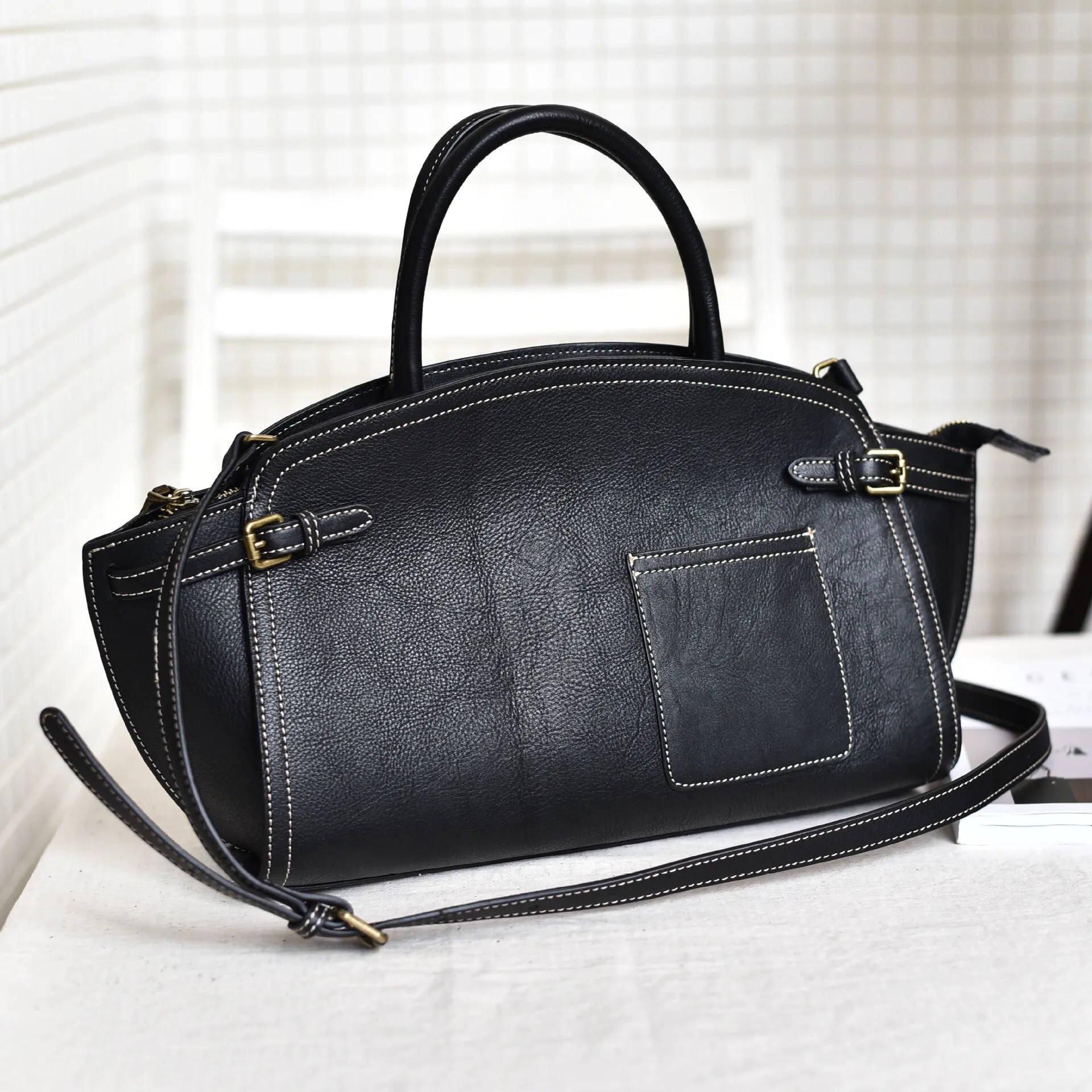 YAAGLE Women Retro Cowhide genuine leather bags Doctor bag Handbag YG8816