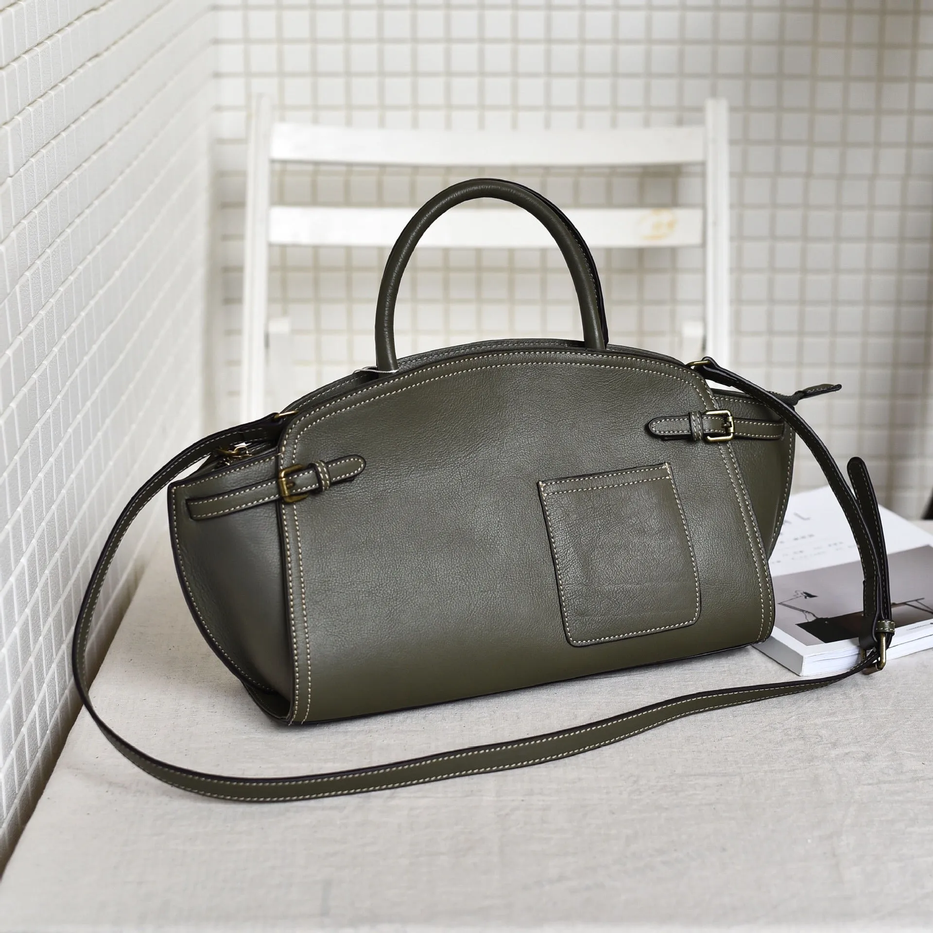 YAAGLE Women Retro Cowhide genuine leather bags Doctor bag Handbag YG8816