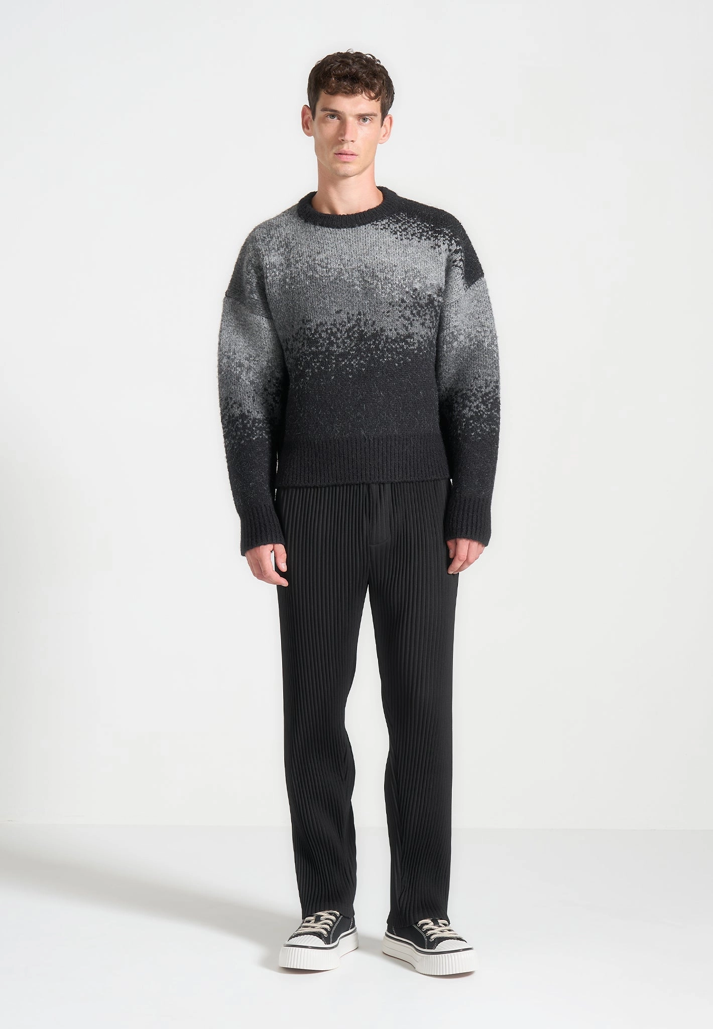 Layered Stitch Detail Yani - Ombr?? Wool Crewneck Sweater - Grey