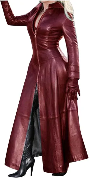 yardsong Faux Leather Trench Coats for Women Long Sleeve Zip Up Long Jackets Slim Fit Ankle Length Fashion Outerwear