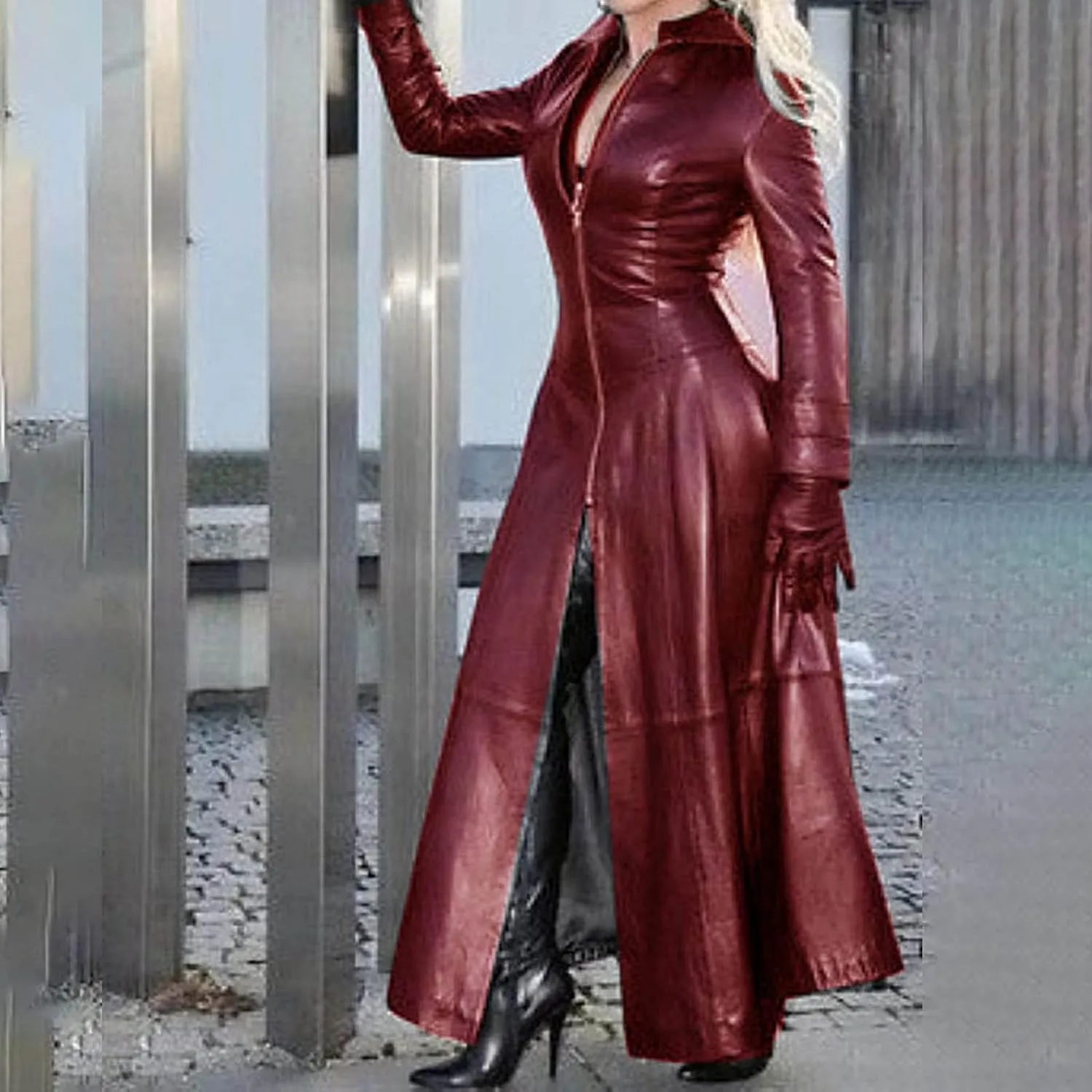 yardsong Faux Leather Trench Coats for Women Long Sleeve Zip Up Long Jackets Slim Fit Ankle Length Fashion Outerwear