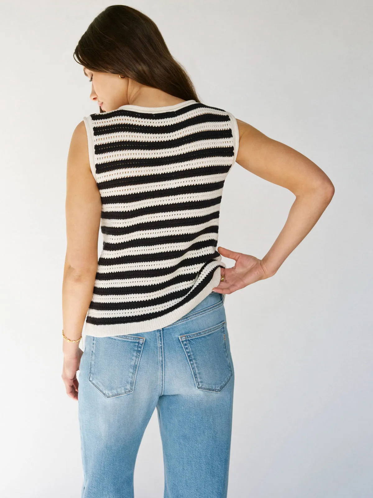 Crochet Shell Sweater Chalk Black Stripe Snag Resistant Surface