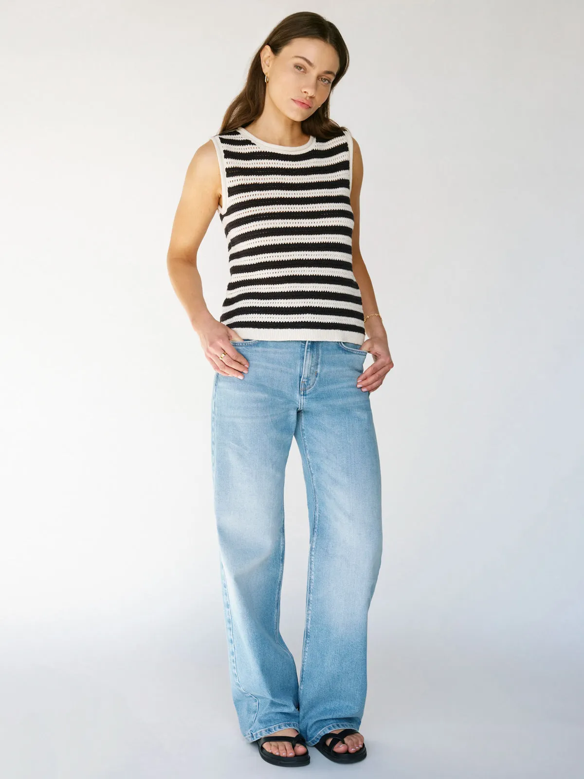 layerable Crochet Shell Sweater Chalk Black Stripe