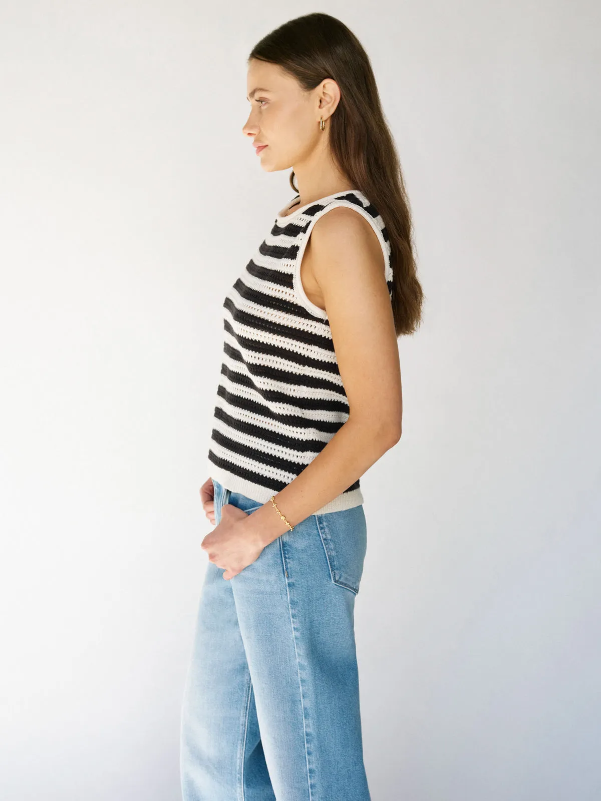 Crochet Shell Sweater Chalk Black Stripe Street Trend Look