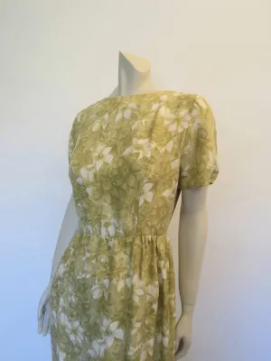 Yellow Green Floral Dress - 1960s - Bust 91 cm