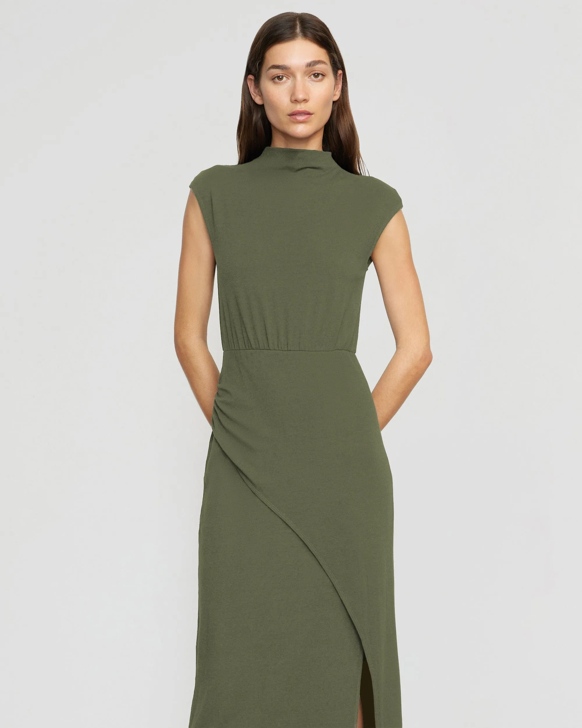 OdorControlTreatment Velvet-Sleeve Yimei Mock-Neck Side-Slit Dress