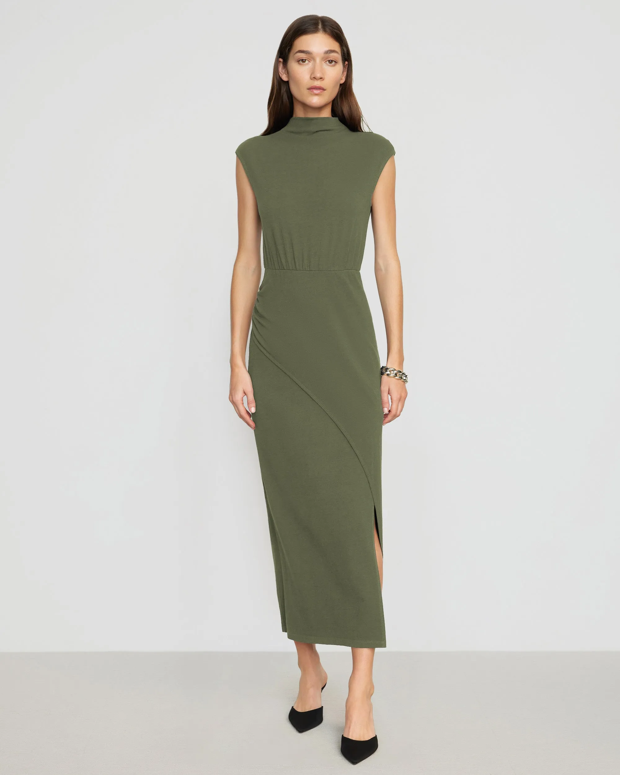 Curve Friendly Jewel-Tone Yimei Mock-Neck Side-Slit Dress