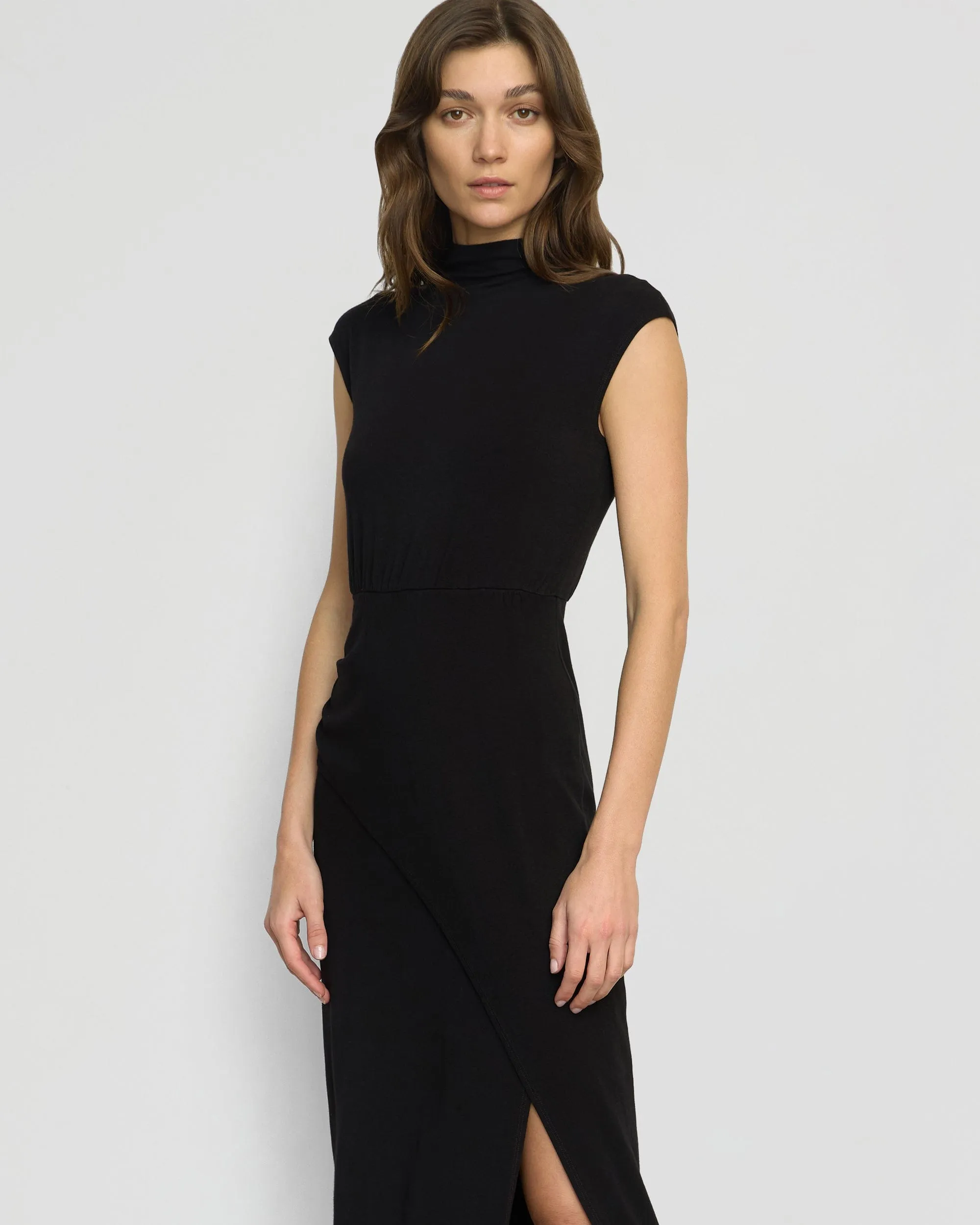 Elastic-Cuff Yimei Mock-Neck Side-Slit Dress