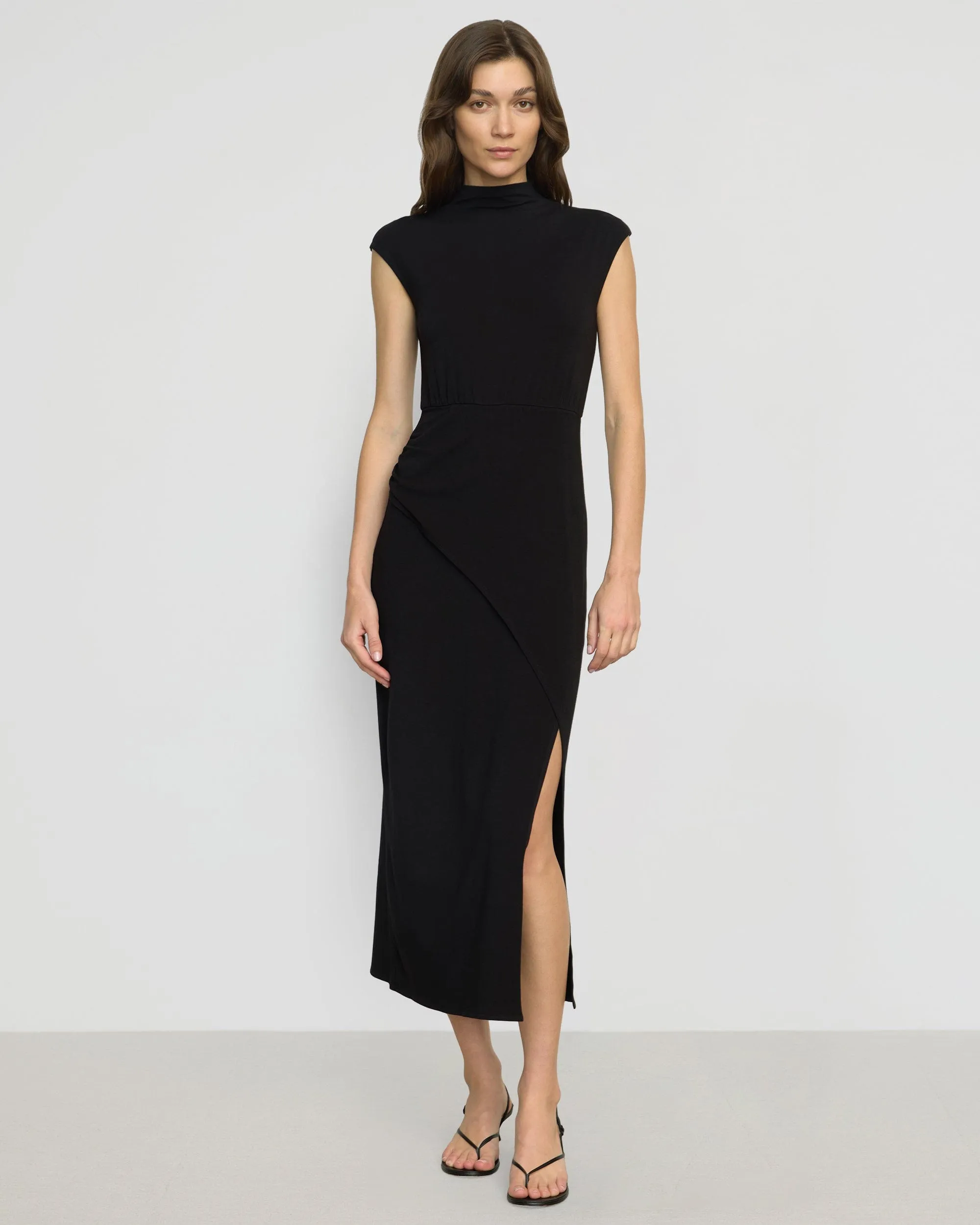 Timeless Waist Fit Yimei Mock-Neck Side-Slit Dress