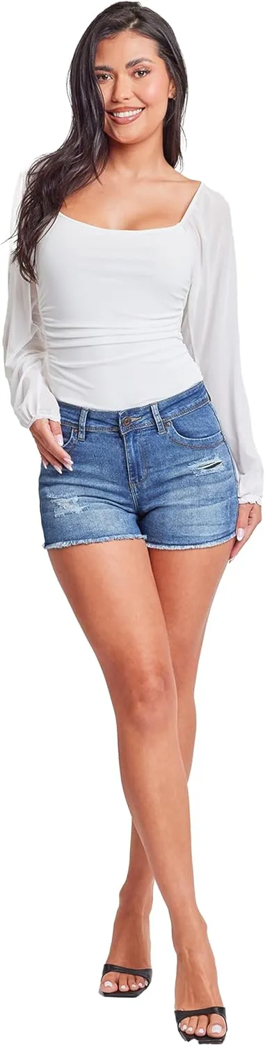 YMI Women's Junior Wannabettabutt High-Rise Frayed Hem Denim Shorts