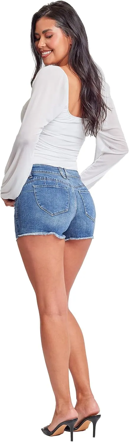 YMI Women's Junior Wannabettabutt High-Rise Frayed Hem Denim Shorts