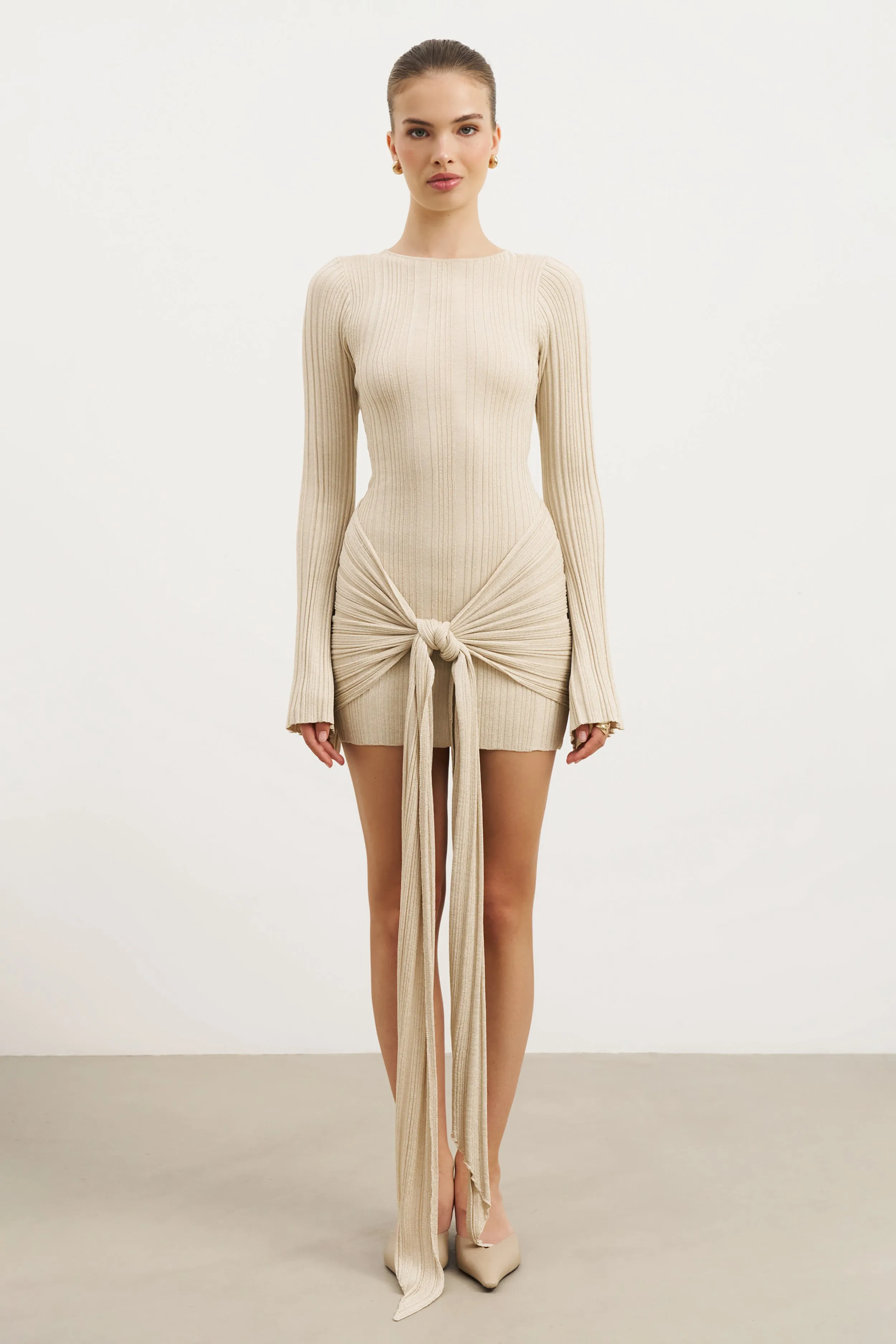 Comfortable texture Fine Knit Gathered Longsleeve Mini Dress - Champagne Shimmer