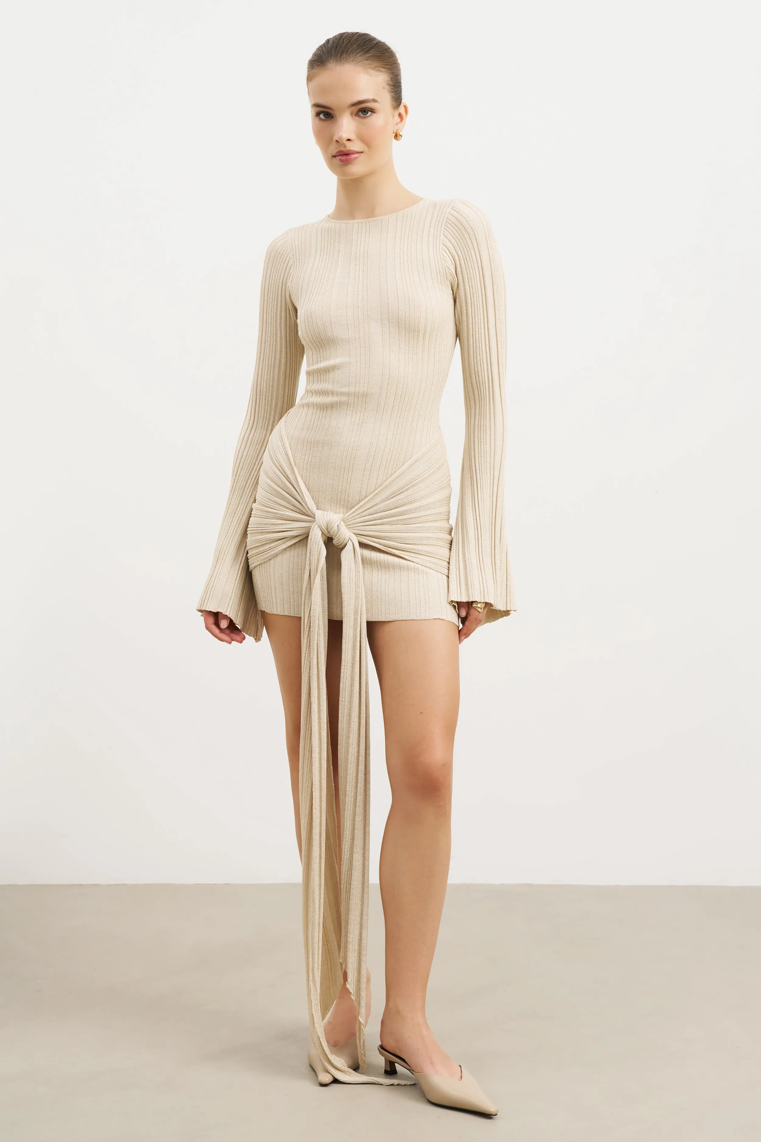 Fine Knit Gathered Longsleeve Mini Dress - Champagne Shimmer Lightweight warm-weather dress